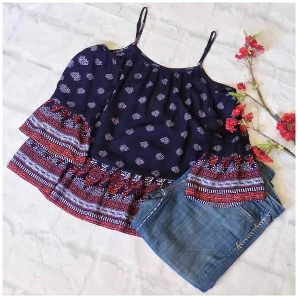 Skies Are Blue Tops - LAST 1 ❗SKIES ARE BLUE Boho Navy Cold Shoulder Top